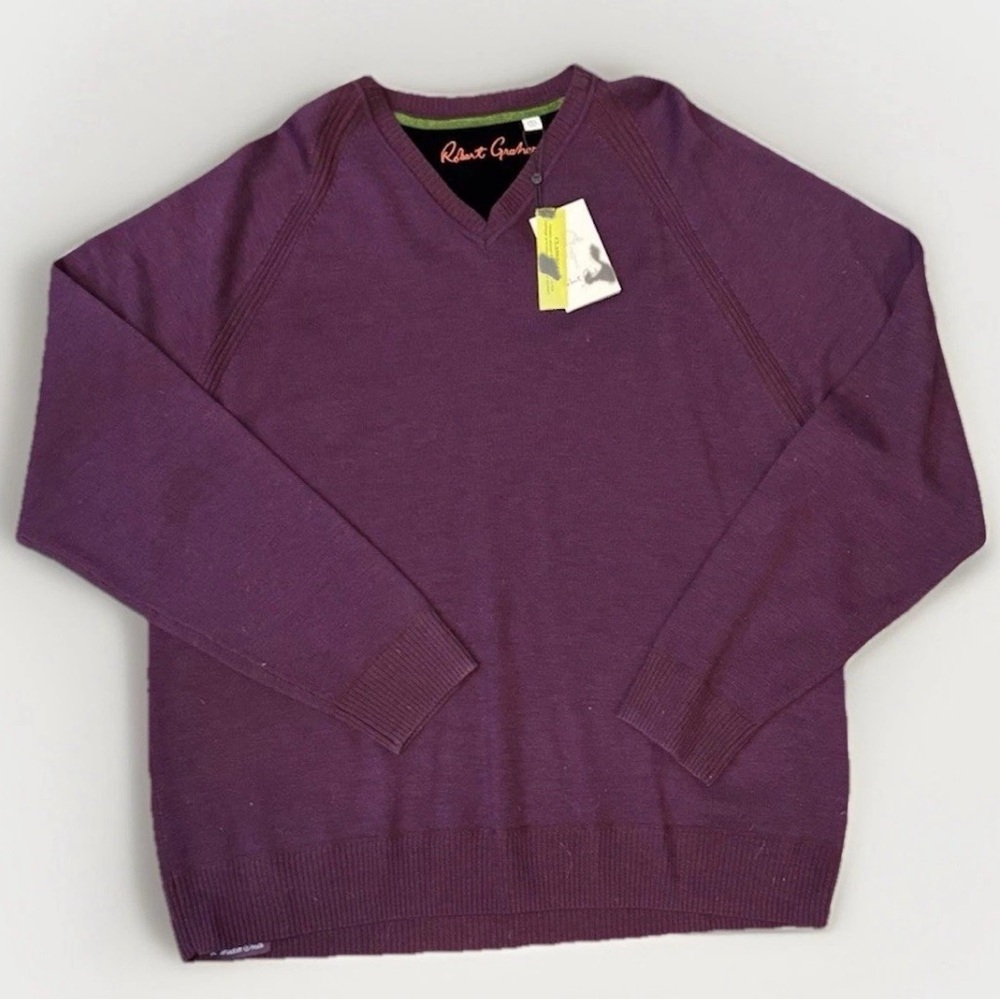 NWT Robert Graham $178 Men’s Deep Purple V-neck Sweater Size XXL 100% Wool